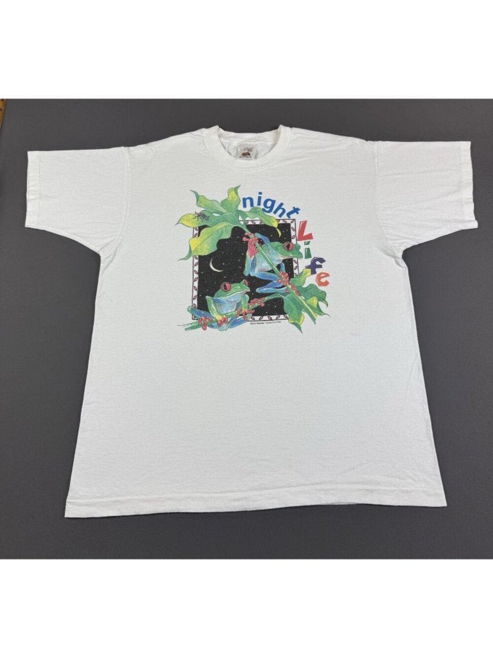 Rare Vintage 90s Art Animal Frog Night Life Painting Draw White Olena Kassian XL
